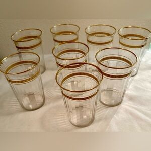 8 Fostoria Cascade Flat Juice Glasses. Paneled Optic 24k Gold Bands Vtg.